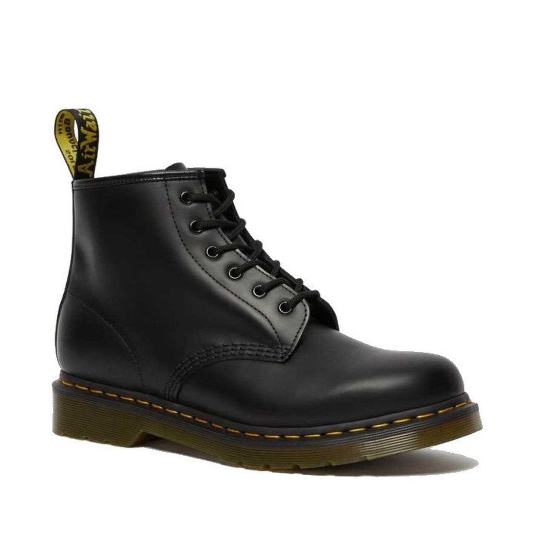 Dr Martens 101 6 Eye Yellow Stitching Boot Black—a sturdy black lace-up boot with bright yellow stitching and comfy air-cushioned sole.  ksnz