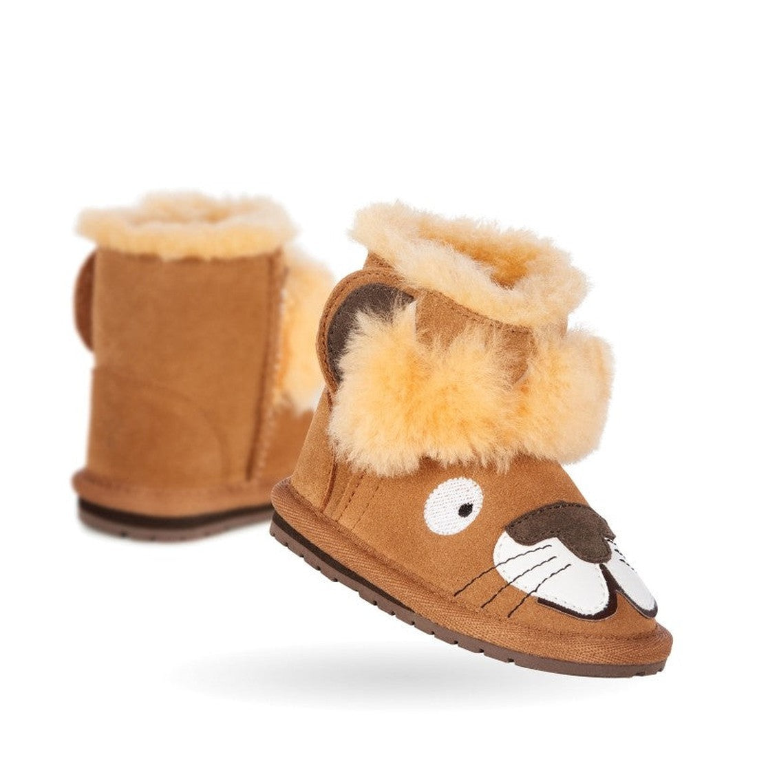 EMU NZ Leo Lion Walker Booties for toddlers in warm yellow Merino wool, with non-slip soles and an easy pull-on style, lion face detail.  ksnz