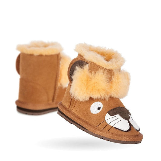 EMU NZ Leo Lion Walker Booties for toddlers in warm yellow Merino wool, with non-slip soles and an easy pull-on style, lion face detail.  ksnz