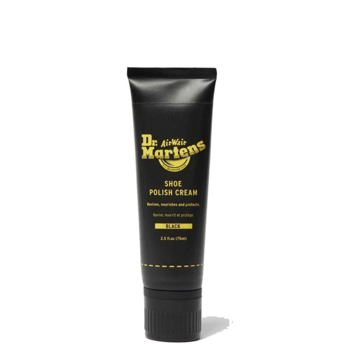 Image of right foot, side on of Dr Martens Polish Nourishing Shoe Creme Black Tube-Foot Forward Shoes
