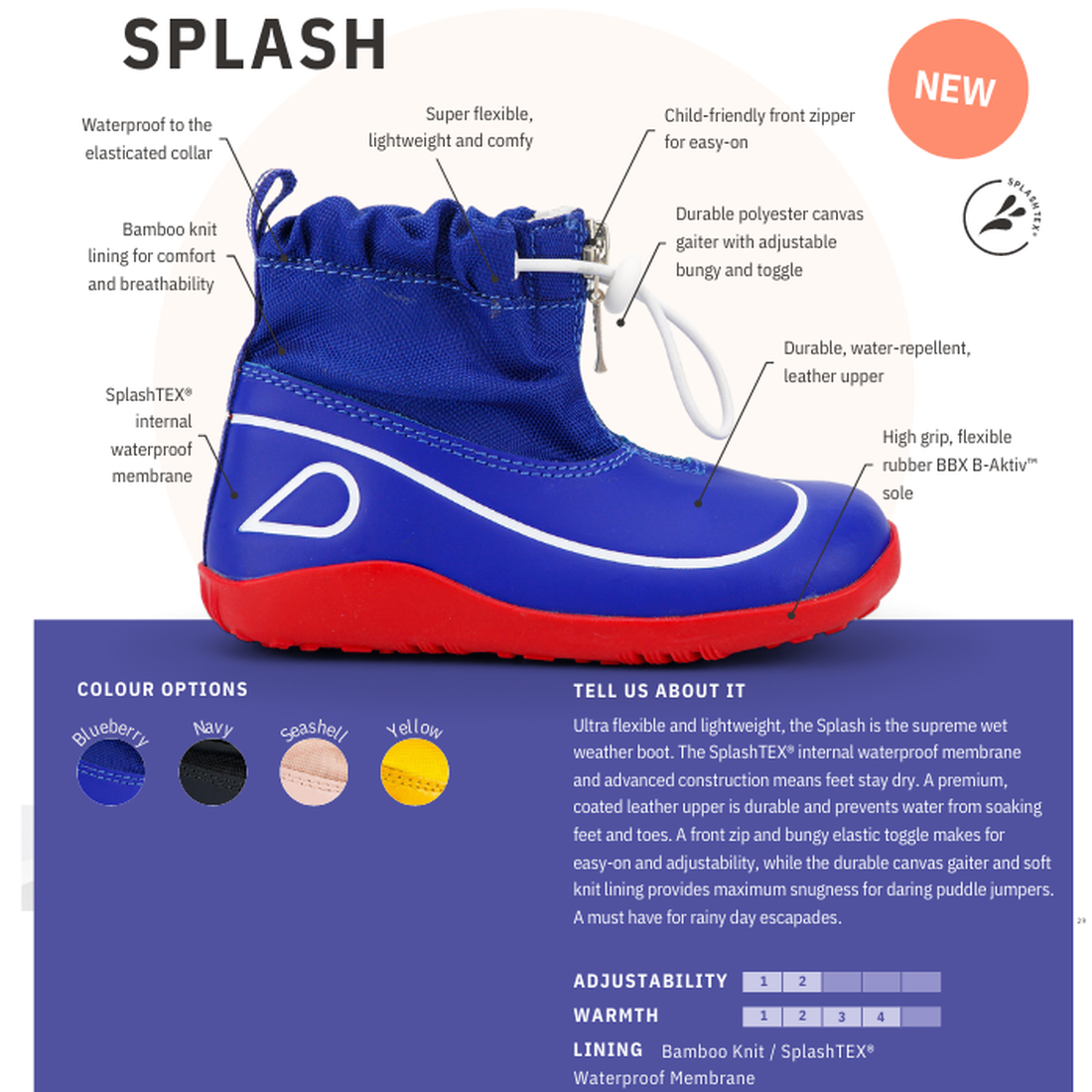 The Bobux Kid+ Splash Boot Waterproof Seashell Pink 839011 features a labeled elasticated collar, bamboo knit lining, waterproof membrane, grippy rubber sole, and easy-on pull tab. Explore colour options—perfect waterproof kids shoes., 9420068528253, 9420