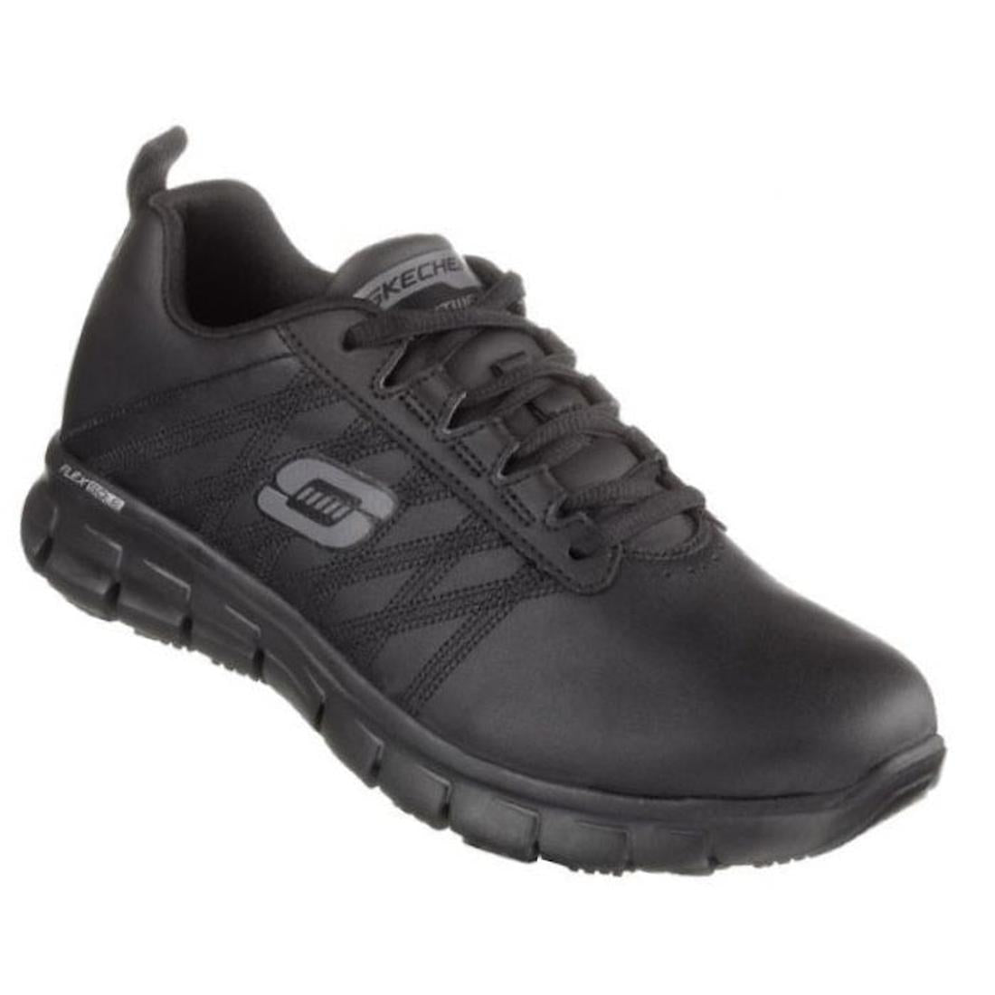 Skechers All Black Sure Track Erath WIDE Women's Lace Up 76576W Work Shoe with memory foam, thick sole, and comfy lace closure.  ksnz