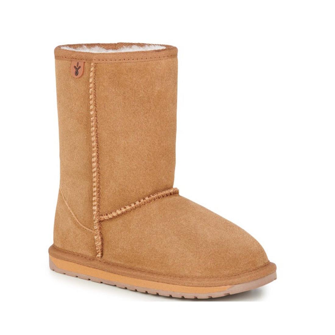 EMU Kids Wallaby Lo Chestnut Merino Wool Boot in tan suede, with flat rubber sole, cozy wool lining, easy pull-on style, and logo tag.  ksnz