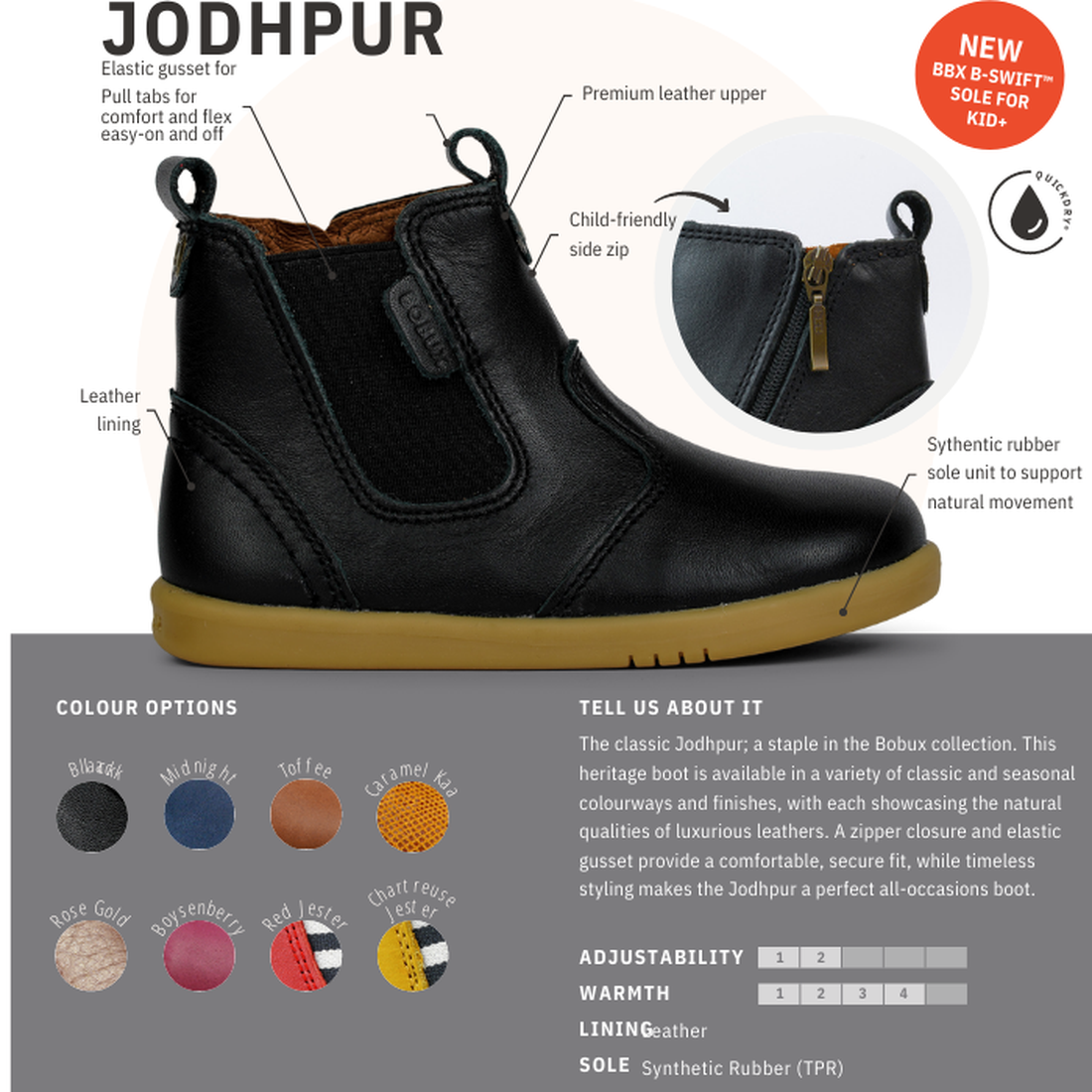 The Bobux Iwalk Jodphur Outback Boot Black 620828A is a unisex kids' black leather boot with an elastic gusset, pull tabs, child-friendly zip, and a brown synthetic rubber sole. Ideal for first-walkers, it offers color options and features warmth and adju