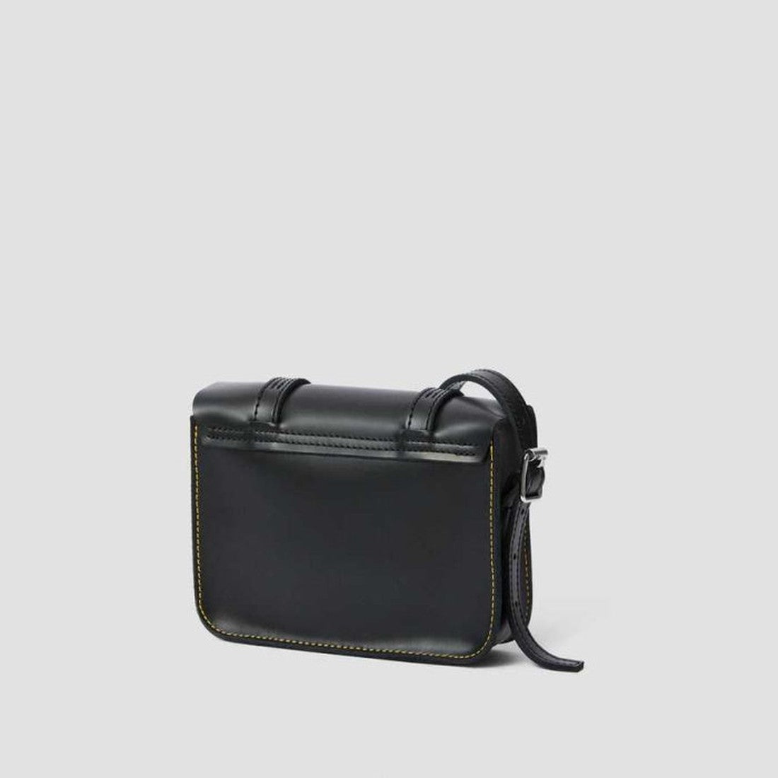 Dr Martens Leather Cross Body Black Leather Satchel (7 inch) in classic black with yellow stitching, sturdy sole, and simple buckle closure.  ksnz, 190665191974