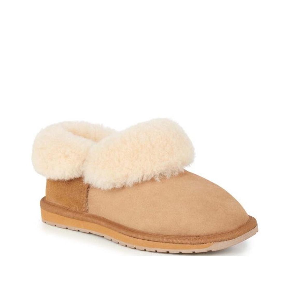 EMU NZ Womens Mintaro Sheepskin Slipper in Chestnut: cozy tan suede and plush shearling, slip-on style, sturdy flat sole for home comfort.  ksnz