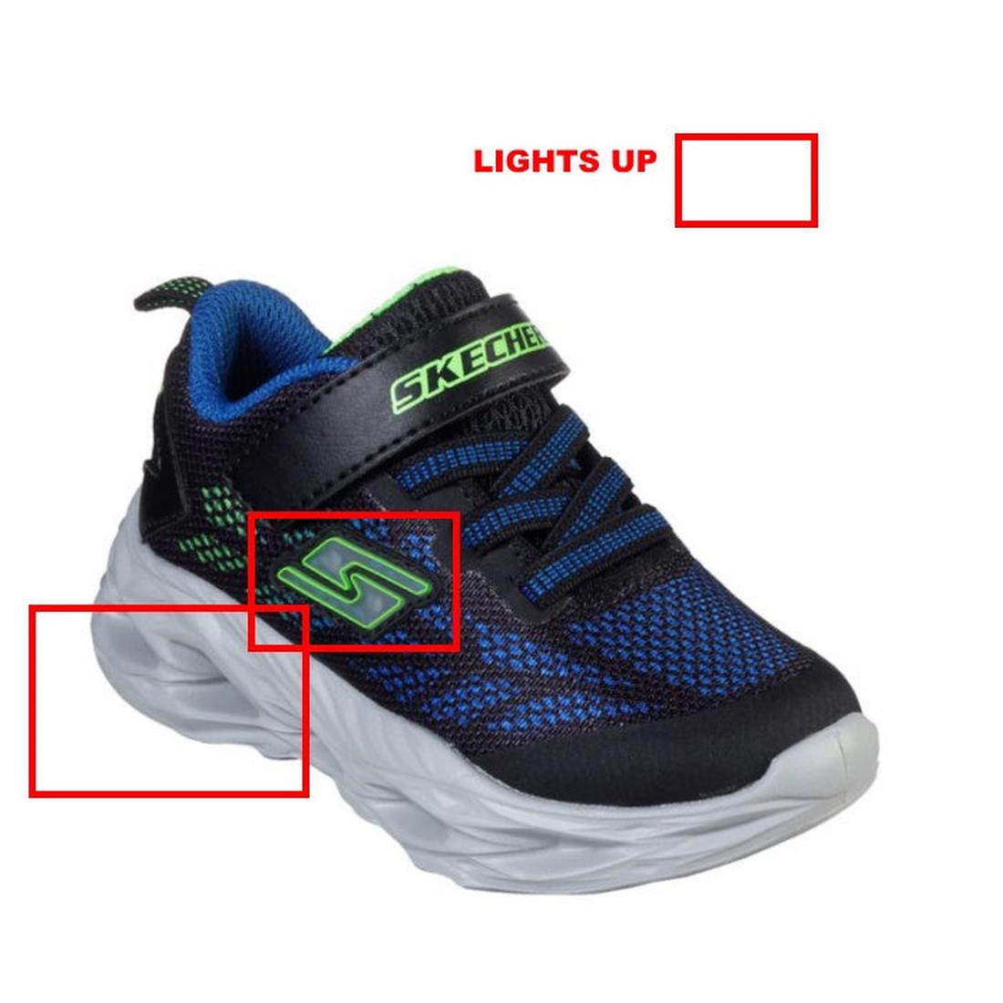 Skechers Toddlers Light Ups Vortex Flash Black: black and blue trainer with green, comfy Velcro strap, bouncy sole, and bright lights.  ksnz