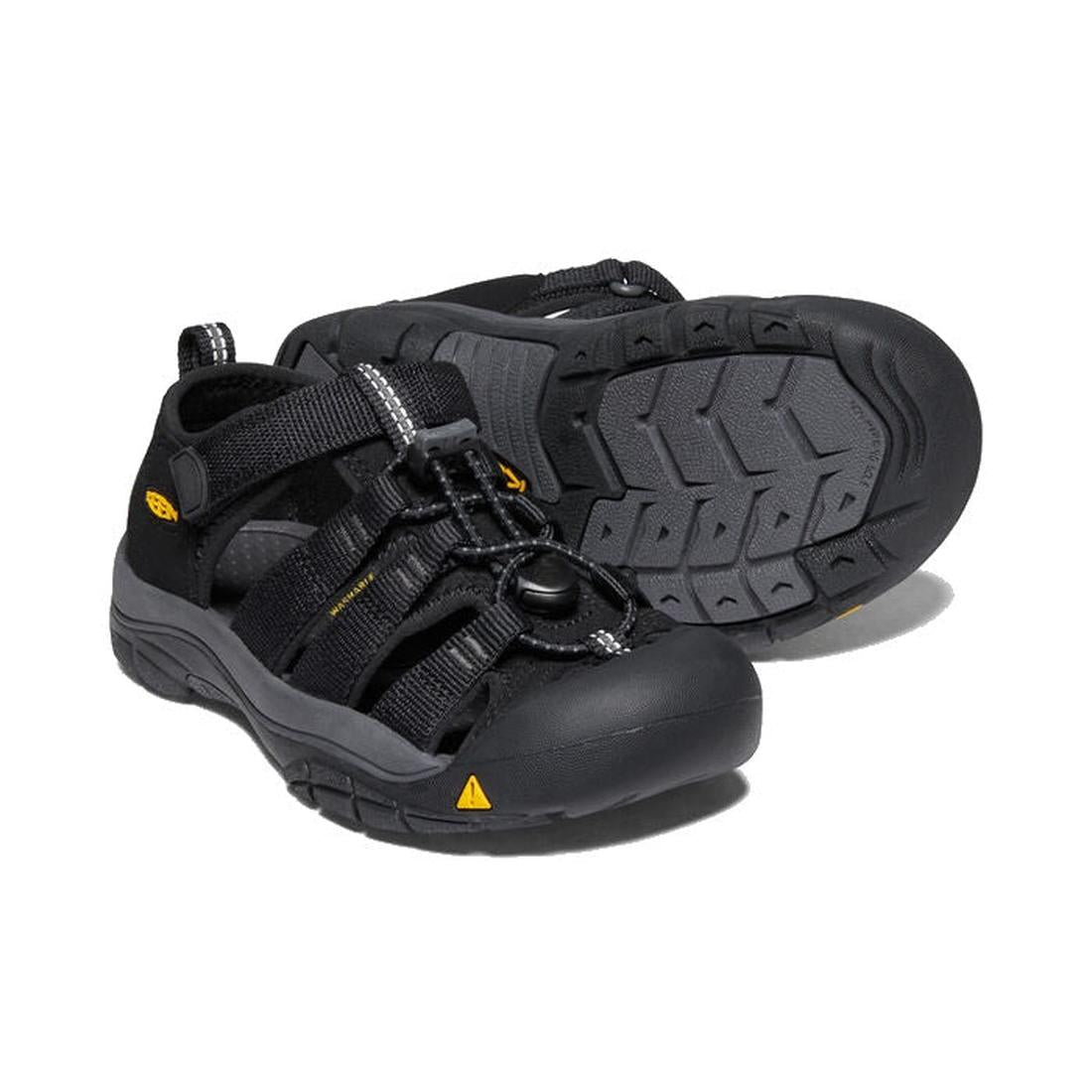 Keen Kids Newport School Sandals in black and yellow—youth-sized, with sturdy rubber soles, bungee closure, and toe protection.  ksnz