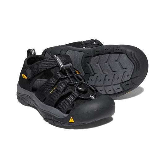 Keen Kids Newport School Sandals in black and yellow—youth-sized, with sturdy rubber soles, bungee closure, and toe protection.  ksnz