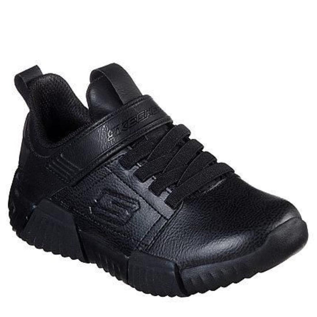 Skechers Durablox Black School Shoe is a comfy boys’ sneaker with textured sole, laces, strap closure, and soft memory foam.  ksnz