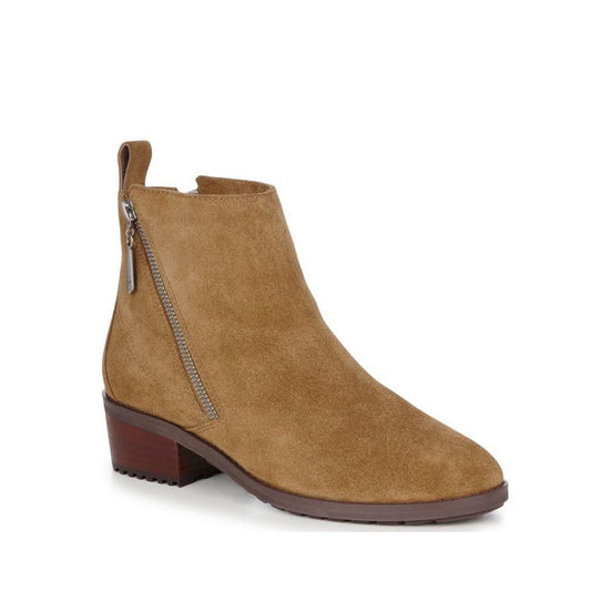 The EMU Ginan Suede Waterproof Ankle Boot in Chestnut features a low block heel, durable rubber outsole, side zipper, and back pull tab. Displayed on a white background.
