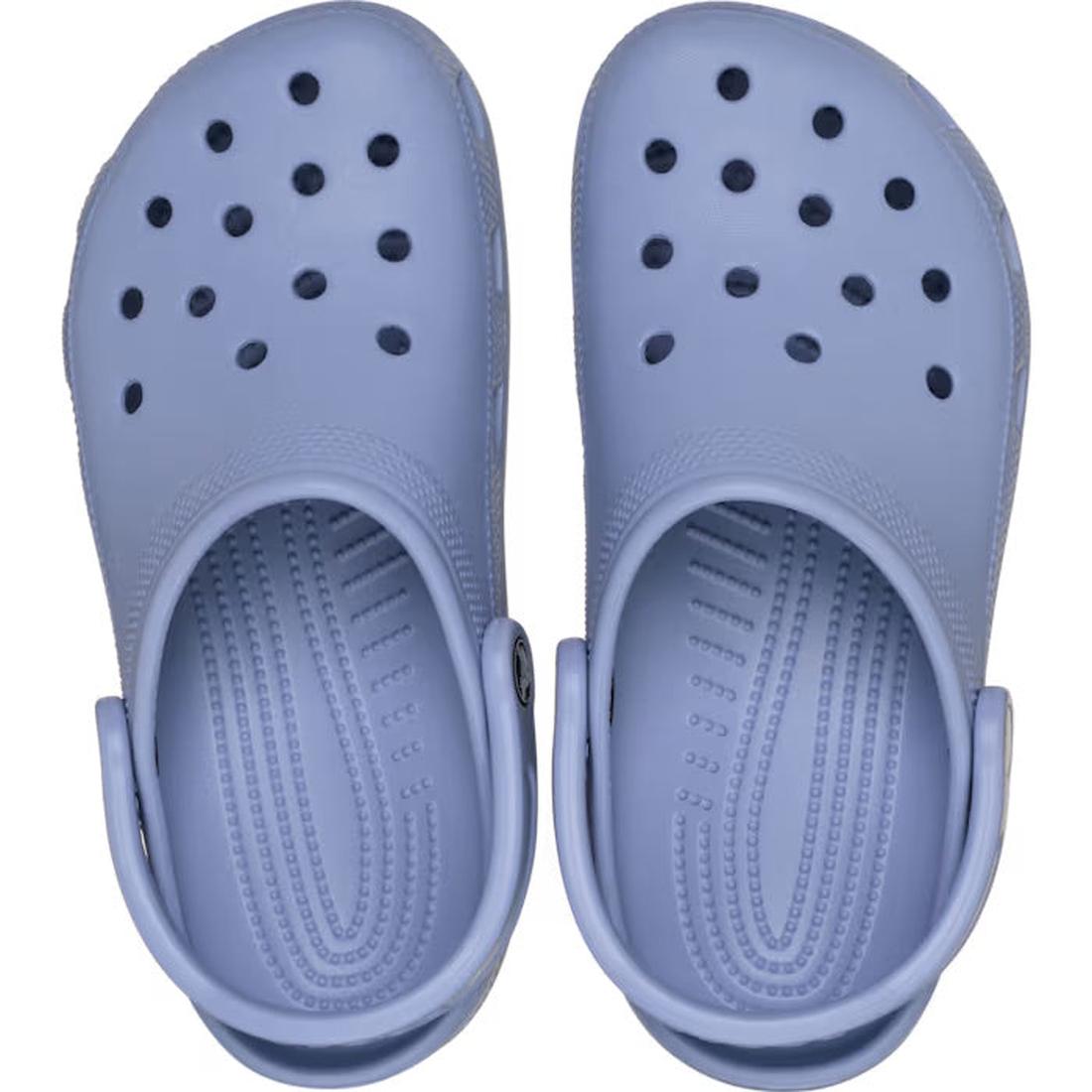 A pair of Crocs - Classic Clog Adults Blue Haze Sandals, unisex summer footwear with ventilation holes and adjustable back straps, viewed from above., 198445268304, 198445268311, 198445268328, 198445268335, 198445268342, 48871, 48872, 48873, 48874