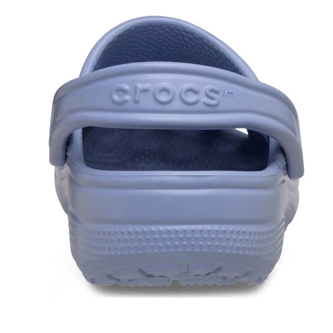 A rear view of Crocs - Classic Clog Adults Blue Haze Sandals, featuring a heel strap embossed with "crocs" and a textured back sole., 198445268304, 198445268311, 198445268328, 198445268335, 198445268342, 48871, 48872, 48873, 48874
