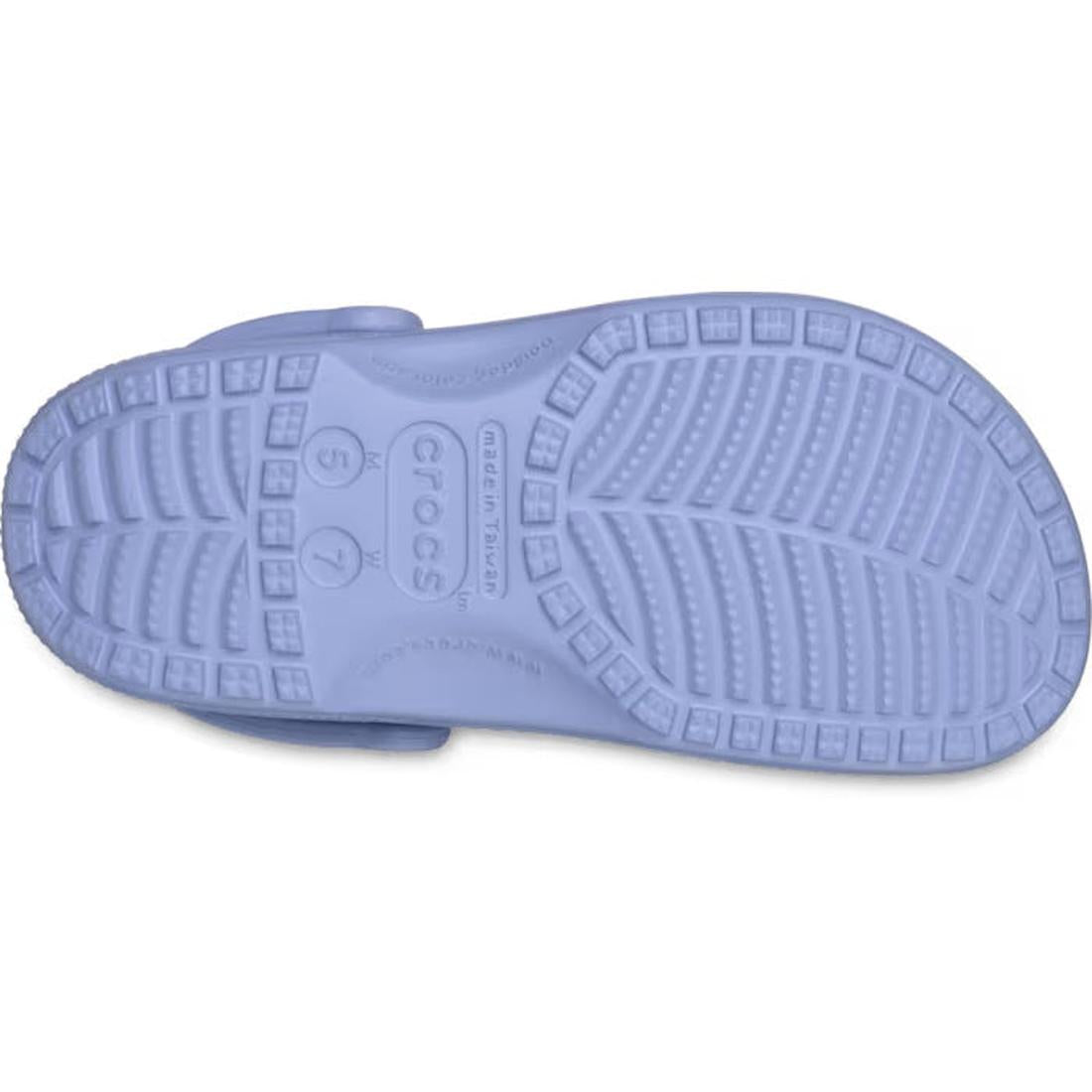 The image displays the sole of a blue Crocs - Classic Clog Adults Blue Haze Sandal, featuring a textured tread, molded size details, and the “Crocs” brand name—an iconic unisex summer footwear choice., 198445268304, 198445268311, 198445268328, 19844526833