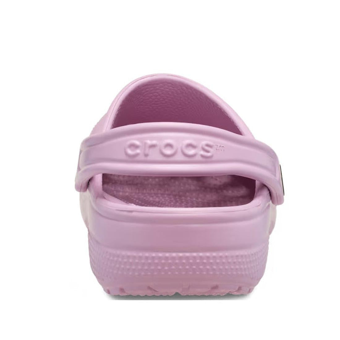 A rear view of a single Crocs - Classic Clog Hydrangea Pink Purple Adults shows the Crocs logo embossed on the heel strap and a textured sole., 198445154508, 198445154515, 198445154522, 198445154539, 198445154546, 198445154553, 47545