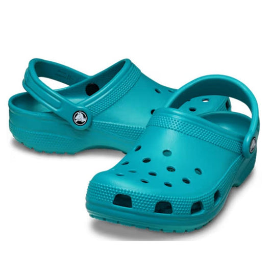 A pair of Crocs - Classic Clog Turbo Teal Adults womens & mens, featuring ventilation holes and adjustable heel straps, set against a plain white background.