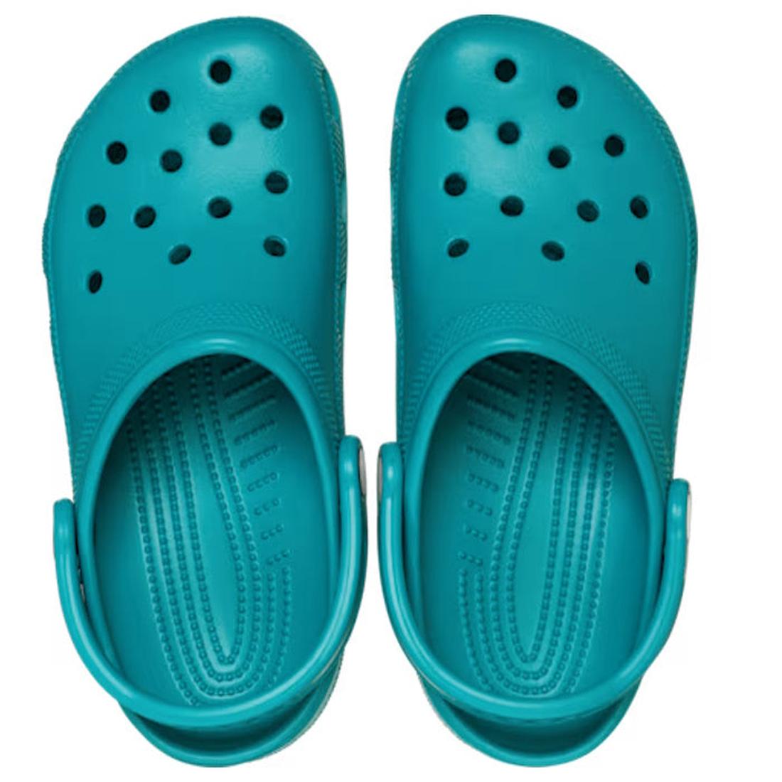 A pair of Crocs - Classic Clog Turbo Teal for adults, featuring ventilation holes and adjustable heel straps in a unisex design, viewed from above on a white background., 198445268182, 198445268199, 198445268205, 198445268212, 198445268229, 198445268236, 
