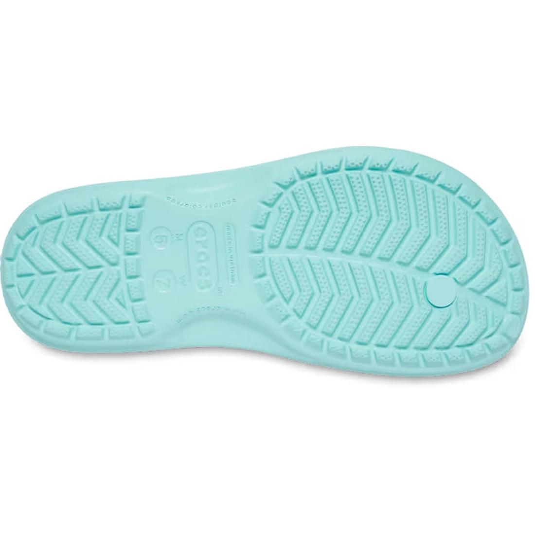 The Crocs - Crocband Flip Aquamarine Adults womens & mens features a light blue rubber sole with zigzag grooves and circular textures for Crocs Comfort, seen from the bottom., 48884, 198445268519, 198445268526, 198445268533, 198445268540, 48889, 48890, 48
