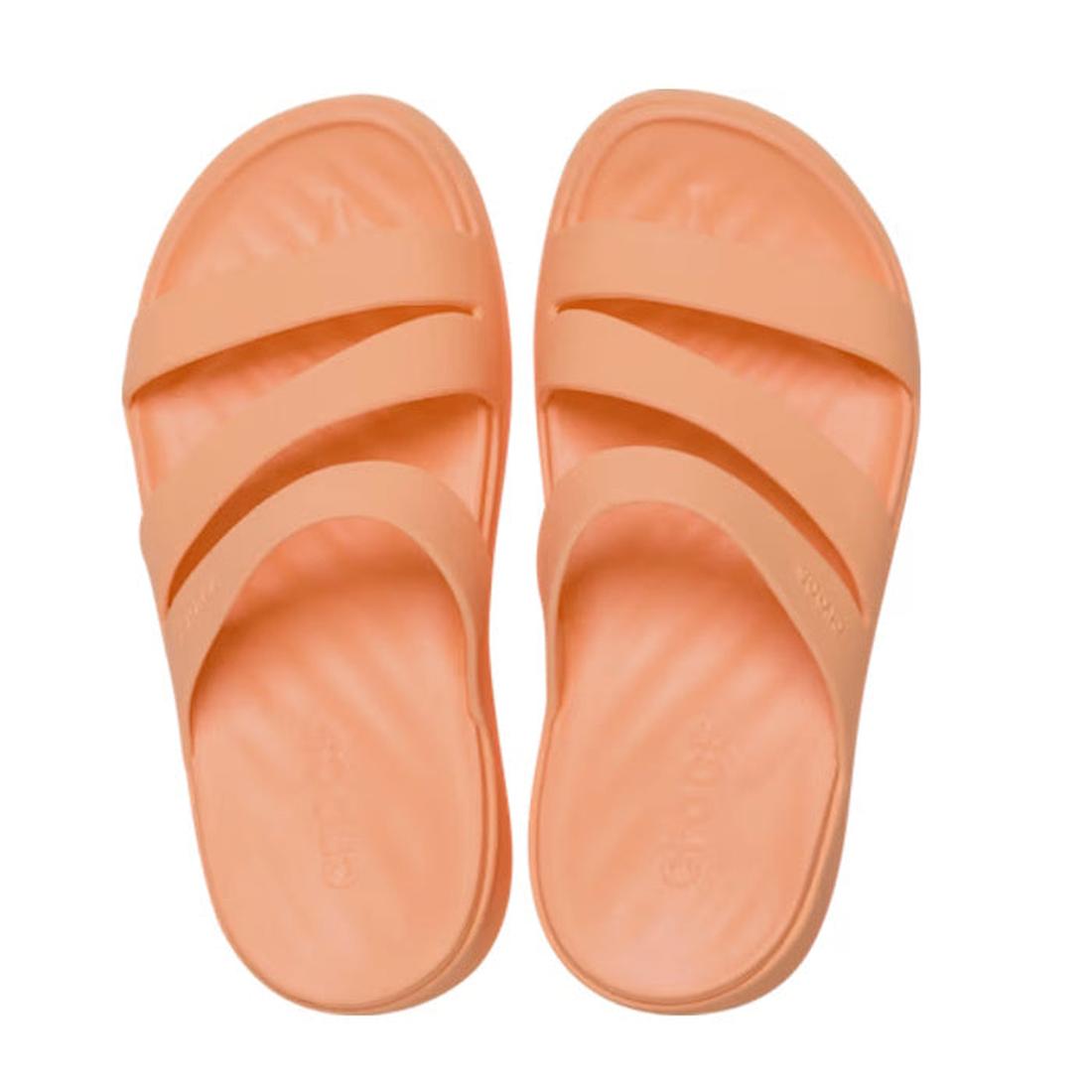 The Crocs - Womens Getaway Strappy Slide Sandal in Electric Sunstone Orange features two diagonal straps per foot, shown from above on a white background., 48356, 198445274473, 198445274480, 198445274497, 198445274503, 198445274435, 198445274442