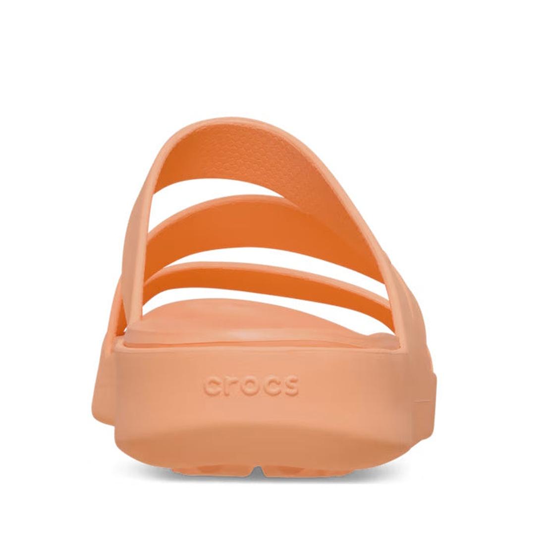 A rear view of the Crocs - Womens Getaway Strappy Slide Sandal in Electric Sunstone Orange, featuring three horizontal straps, Free Feel Technology, and "crocs" embossed on the heel., 48356, 198445274473, 198445274480, 198445274497, 198445274503, 19844527