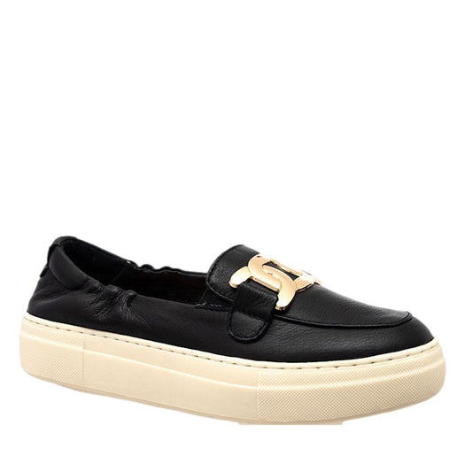 Alfie & Evie Maldon Slip On Black Ballet Flat Plus—sleek black loafers with comfy memory foam, easy slip-on style, and gold buckle.  ksnz