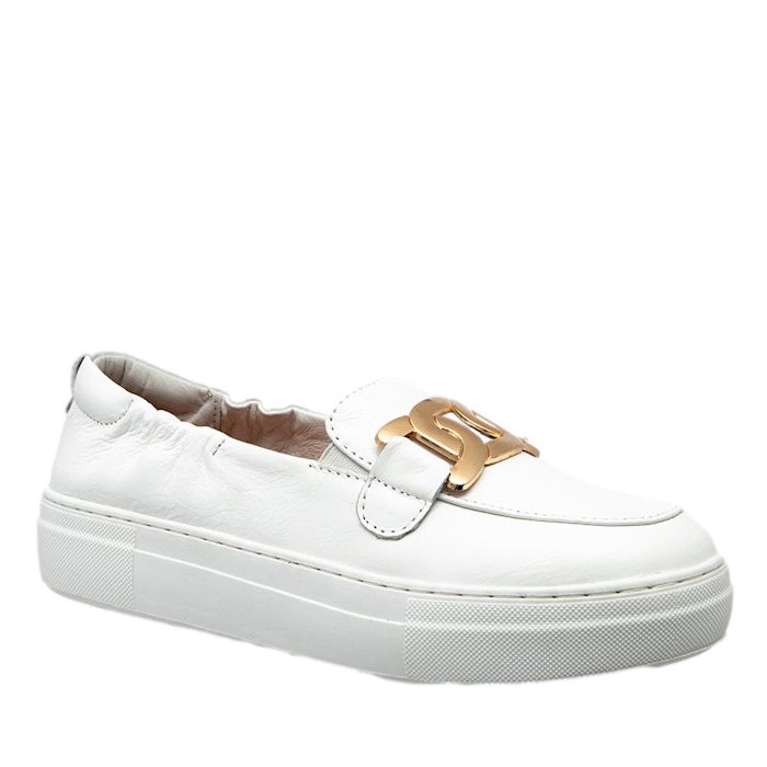 Alfie & Evie Maldon Slip On White Ballet Flat Plus is a comfy white leather flat with a platform sole, gold buckle, and easy slip-on fit.  ksnz