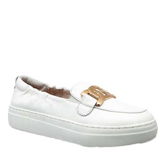 Alfie & Evie Maldon Slip On White Ballet Flat Plus is a comfy white leather flat with a platform sole, gold buckle, and easy slip-on fit.  ksnz