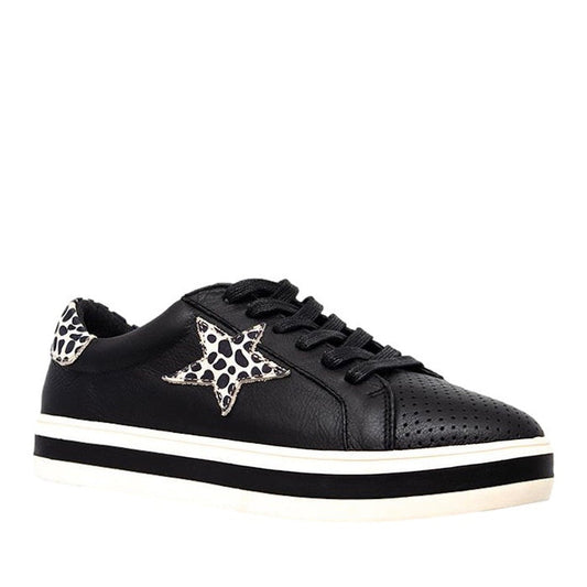 Alfie & Evie Pixie Black Brown Animal Leather Casual Shoe—black lace-up sneaker, white sole, leopard star and heel for fun style.  ksnz