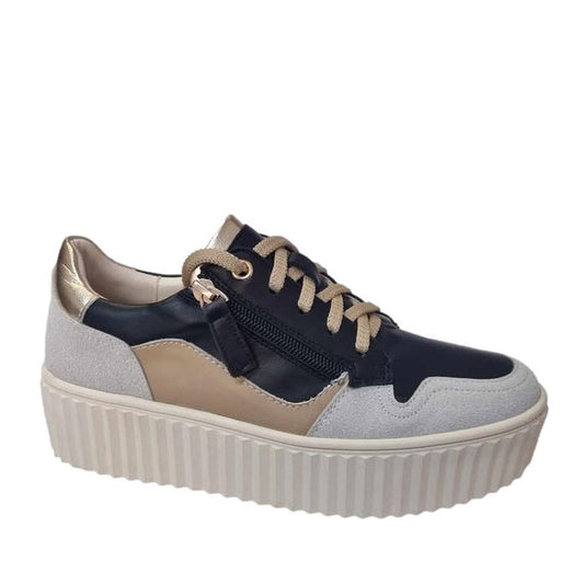 Alfie & Evie Rambo Women's Leather Sneaker in Black Combo has a comfy platform sole, easy zip-up laces, and stylish gold and beige trims.  ksnz