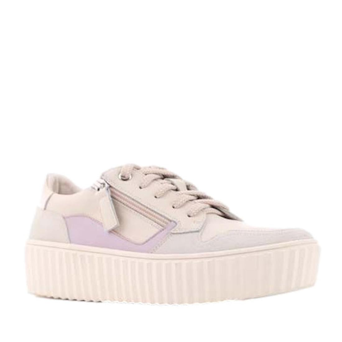 The Alfie & Evie Rambo Womens Leather Sneaker Platform Nude Combo features a cream leather upper with light purple accents, ribbed platform sole, memory foam insole, lace-up front, and side zipper, shown on a plain white background.