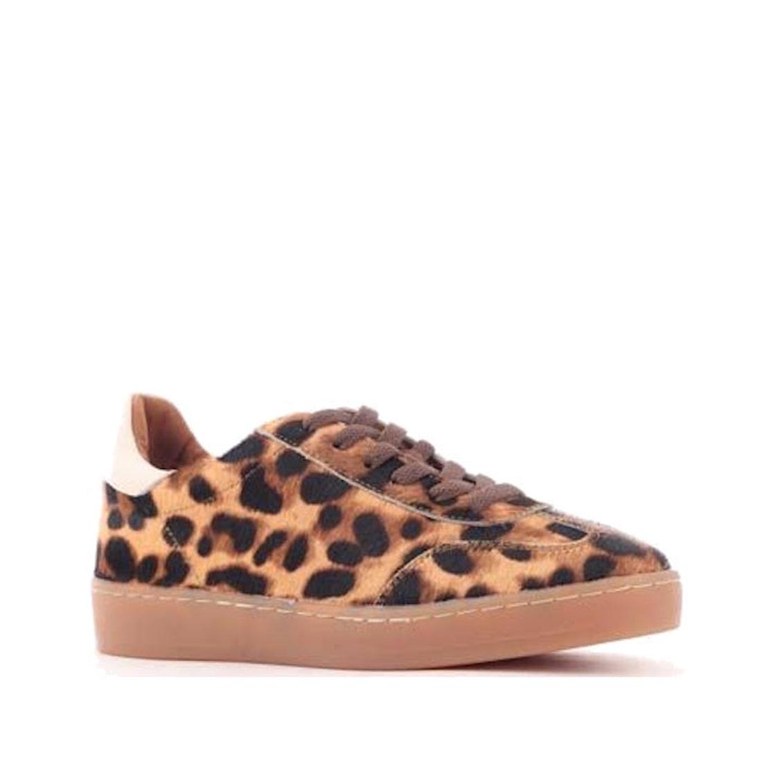 Alfie & Evie Abbie Sneaker in Leopard Cream Pony, a stylish sneaker with leopard spots, brown laces, beige heel tab, and grippy gum sole.  ksnz