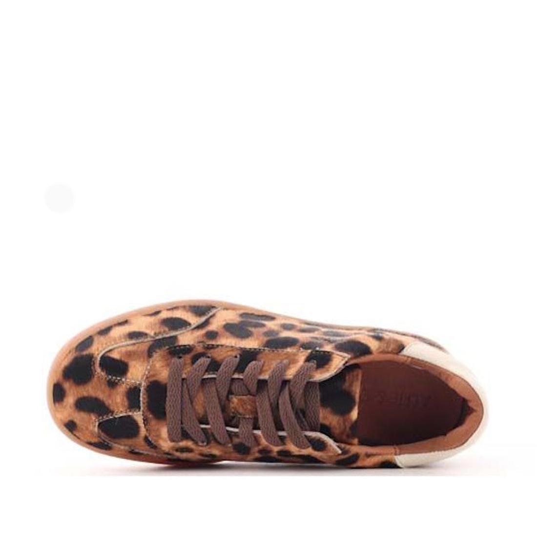 Alfie & Evie Abbie Sneaker Leopard Cream Pony—fun leopard pattern, brown laces, white heel tab, comfy gum sole; top view.  ksnz, 9353738201623, 9353738201630, 9353738201647, 9353738201654, 9353738201661