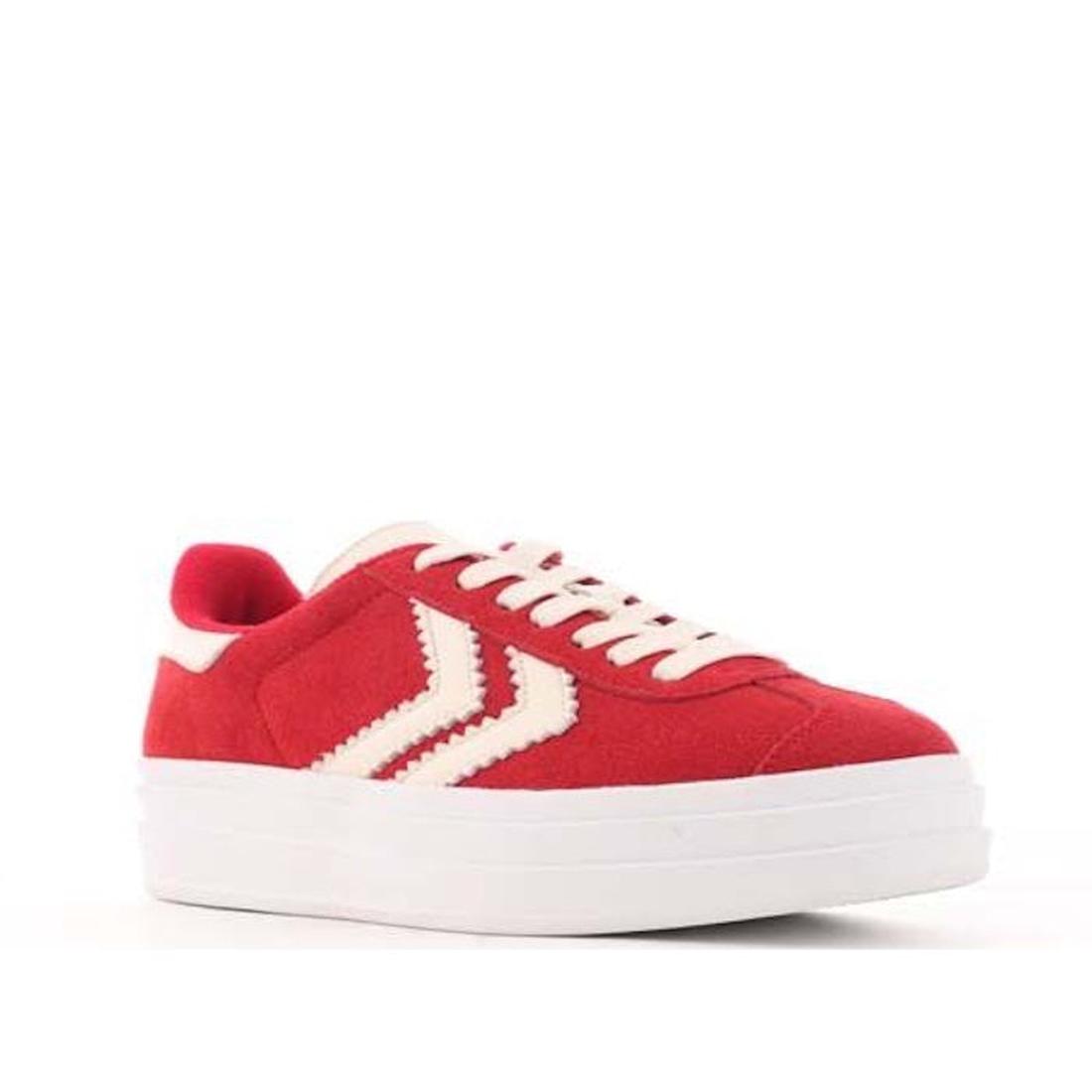 Alfie & Evie Ignite Suede Womens Platform Sneaker in red, with playful white zigzag stripes, sturdy platform sole and easy lace-up closure.  ksnz