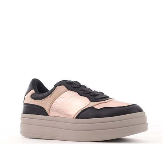The Alfie & Evie Isaac Black Leather Womens Platform Sneaker Rose Gold features stylish black leather with blush pink and rose gold panels, a thick light gray platform sole, and is displayed on a white background.