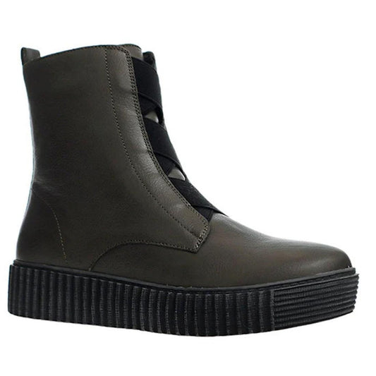 Alfie & Evie Womens Date Khaki Ankle Boot in soft leather with black elastic bands and sturdy ridged sole, side view on white.  ksnz