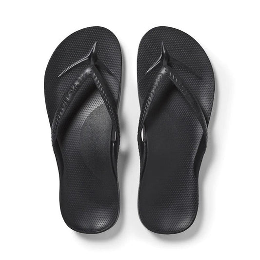 Archies Arch Support Jandal Black sandals with supportive textured soles and cozy wide straps, perfect for all-day family comfort.  ksnz