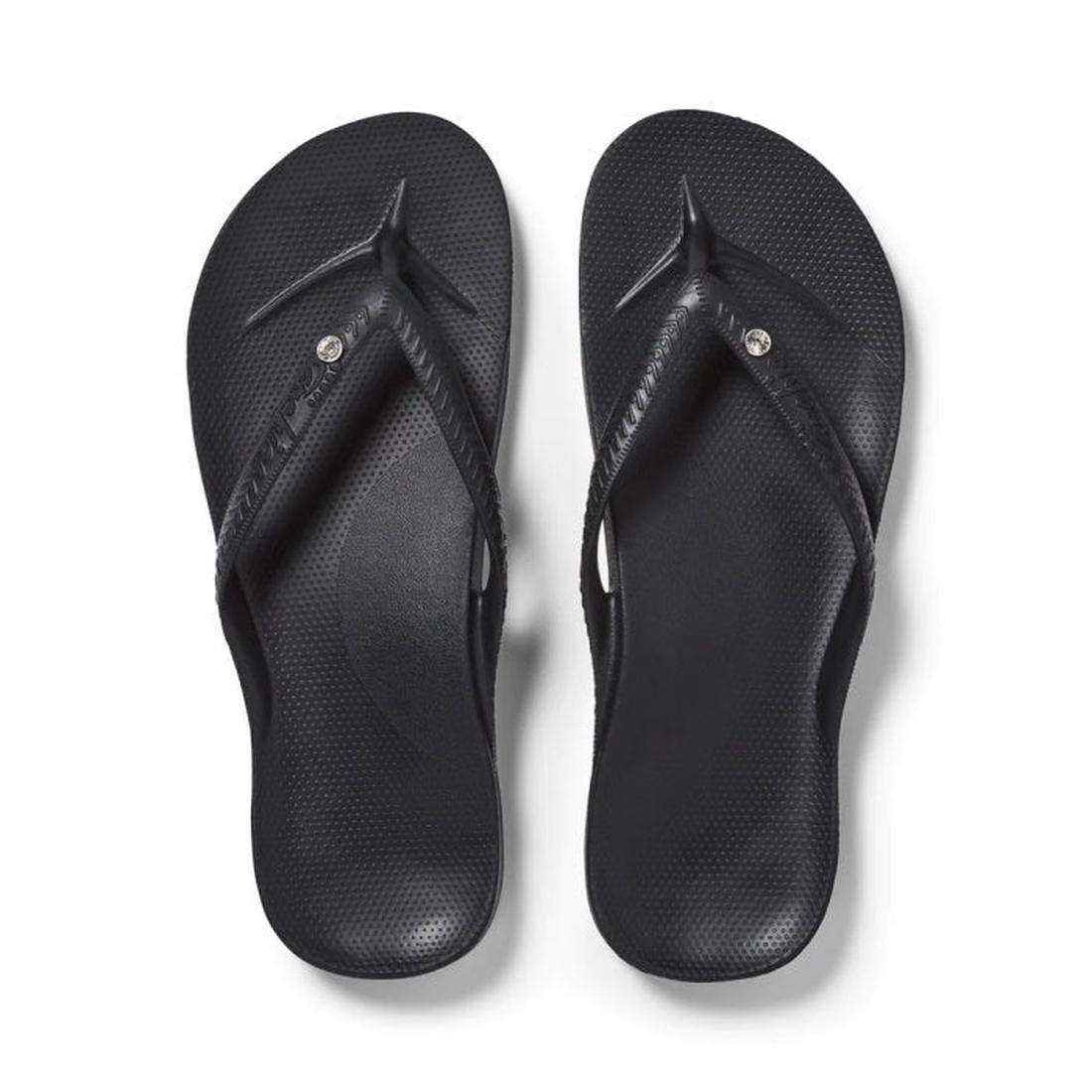 Archies Arch Support Jandal Black Crystal sandals with comfy textured soles and easy-fit diagonal straps, shown in classic black.  ksnz