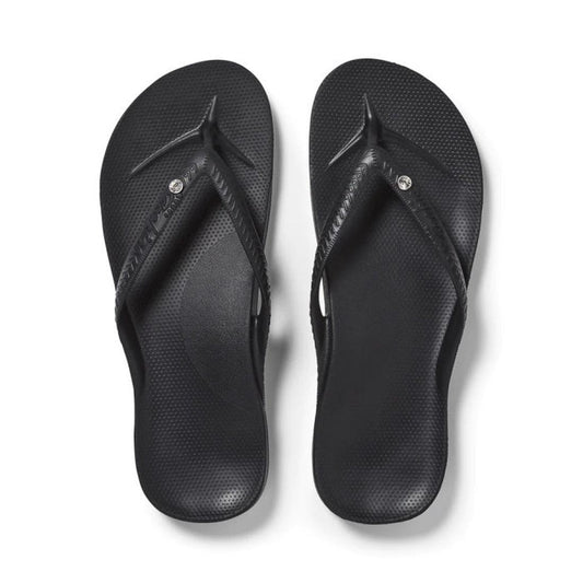 Archies Arch Support Jandal Black Crystal sandals with comfy textured soles and easy-fit diagonal straps, shown in classic black.  ksnz