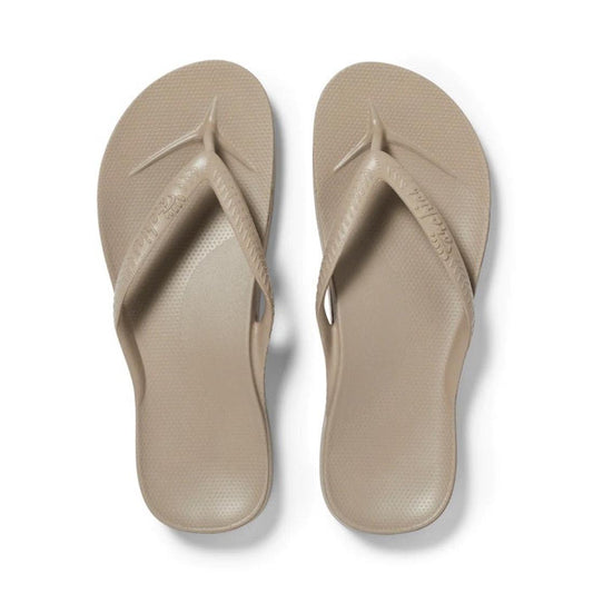 Archies Arch Support Jandal Taupe—comfy taupe sandals with cushioned soles and easy patterned straps, perfect for all-day family fun.  ksnz