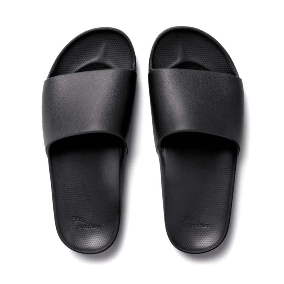 The Archies Arch Support Slide Black sandal has a comfy sole, easy slip-on wide strap, and strong arch support—perfect for all-day family fun.  ksnz