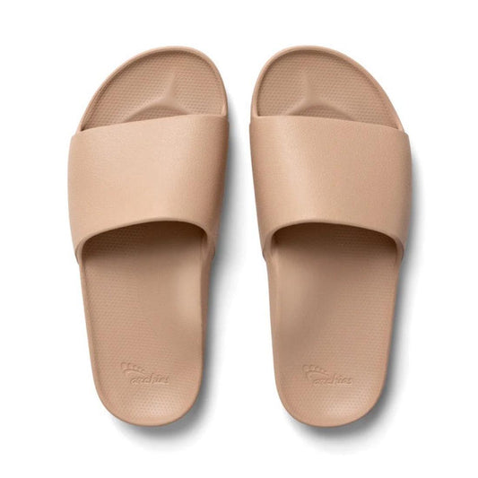 Archies Footwear Arch Support Slide in Tan, comfy slip-on sandals with a wide strap, secure sole, and supportive footbed for all-day play.  ksnz