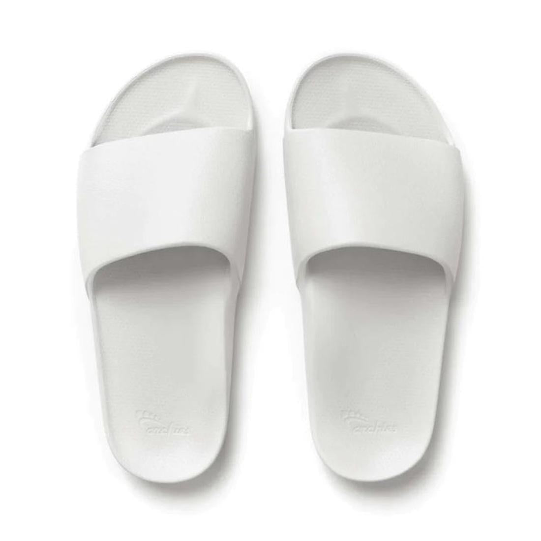 Archies Footwear Arch Support Slide White sandal with comfy arch support, soft wide straps, and secure slip-on style in classic white.  ksnz