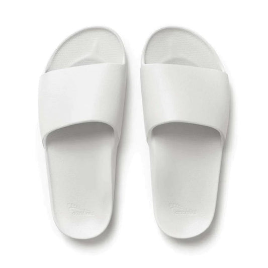 Archies Footwear Arch Support Slide White sandal with comfy arch support, soft wide straps, and secure slip-on style in classic white.  ksnz