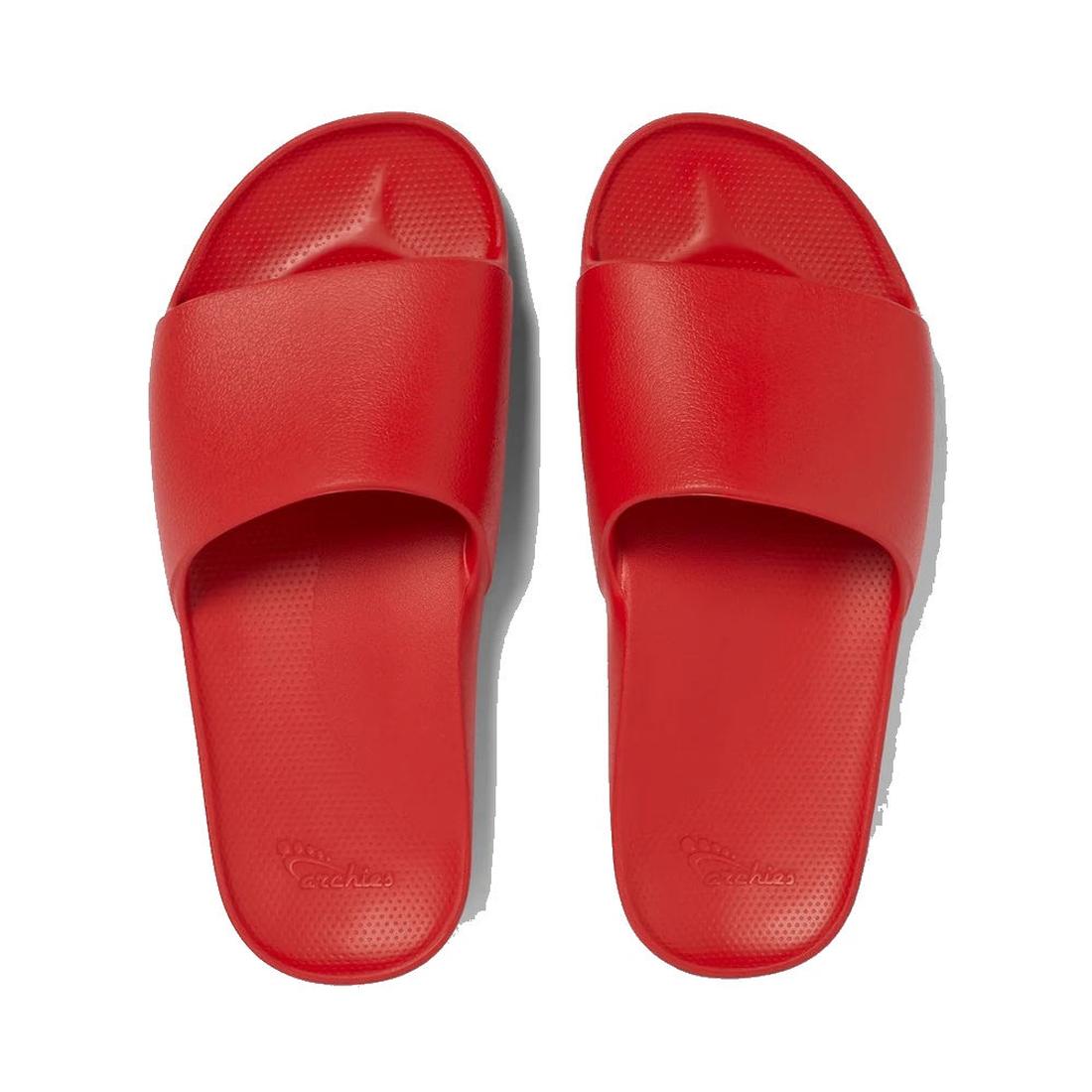 Archies Footwear Arch Support Slide in vibrant Chilli Red, comfy open-toe sandal with easy slip-on style, textured sole, and wide straps.  ksnz