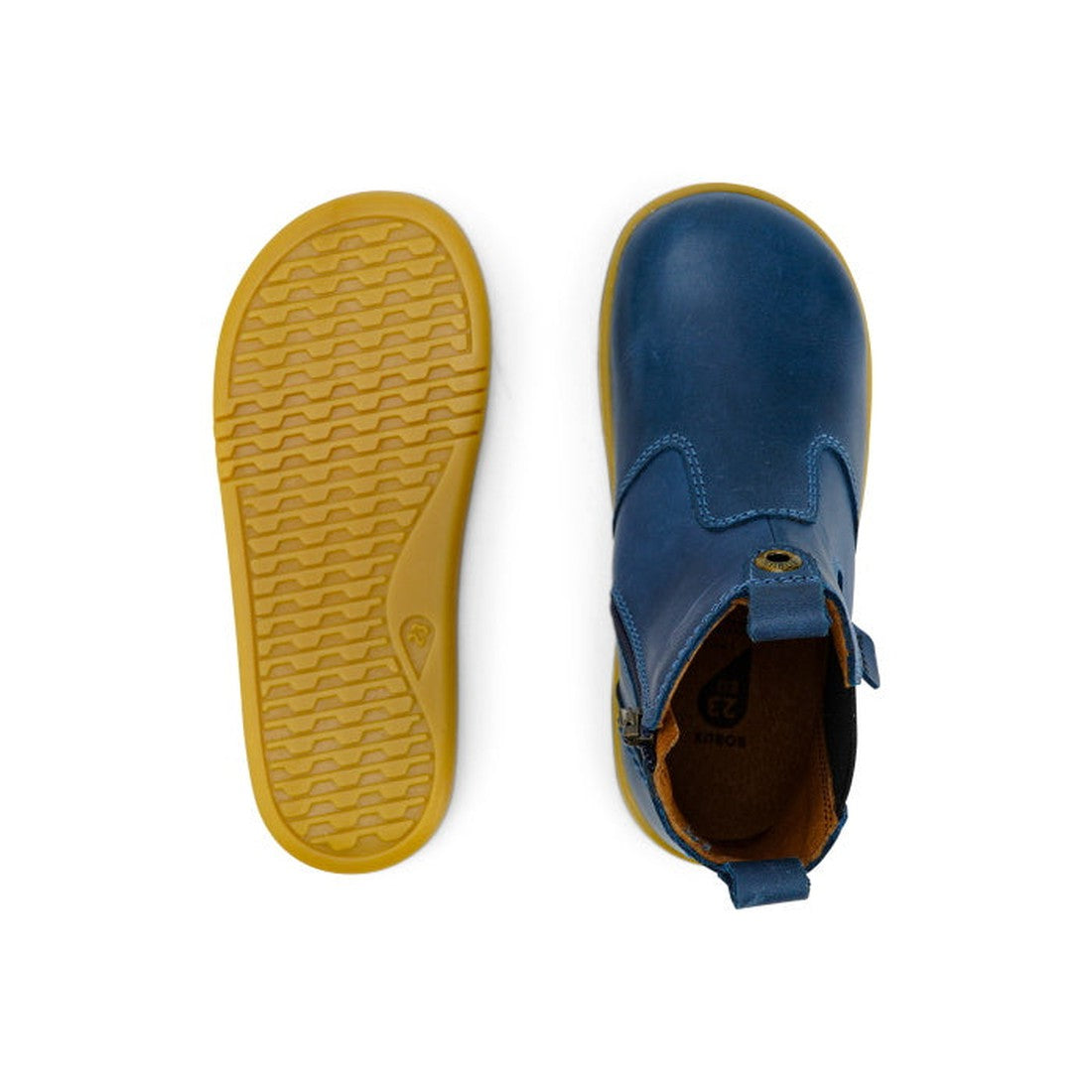 A pair of Bobux Iwalk Jodhpur Ankle Boots Midnight Blue 620849 for children, featuring yellow rubber soles, shown from side and bottom angles on a white background., 9420068521155, 9420068521162, 9420068521179, 9420068521186, 9420068521193