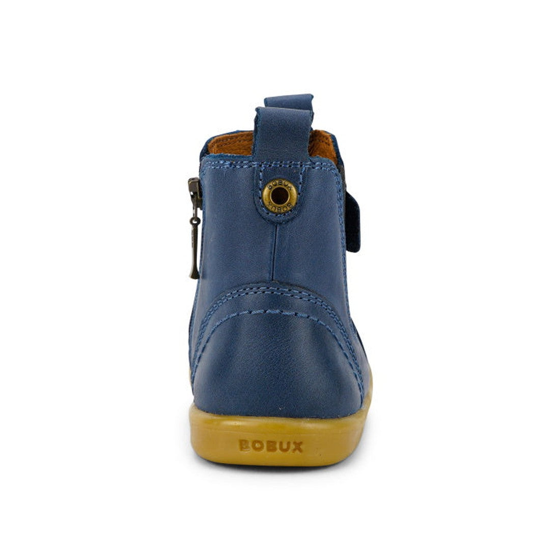 A single Bobux Iwalk Jodhpur Ankle Boot in Midnight Blue (620849) is shown from the back, with detailed stitching, a brown sole branded "BOBUX," and a pull tab on top—perfect stylish footwear for kids., 9420068521155, 9420068521162, 9420068521179, 9420068