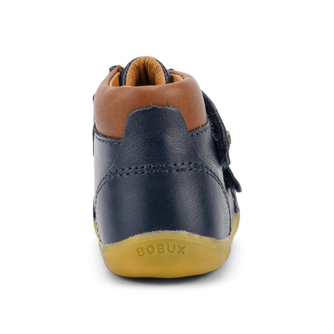 The Bobux Iwalk Timber Navy Leather Boot 632619 is a unisex toddler boot in navy and brown leather, featuring an adjustable strap, tan rubber sole, back view, and "BOBUX" branding on the heel., 9420068529298, 9420068529304, 9420068529311, 9420068529328, 9