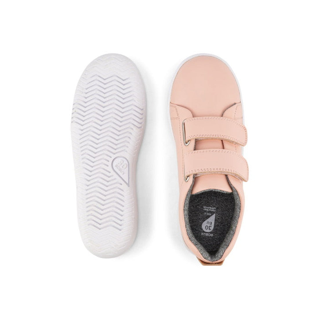 The Bobux KP Kid Plus Grass Court Seashell Pink 832448 trainers for kids feature a pink leather upper, double velcro straps, white soles, and a dark gray interior. Shown from top and bottom views., 9420075792579, 9420075793040, 9420075793125, 942007579430