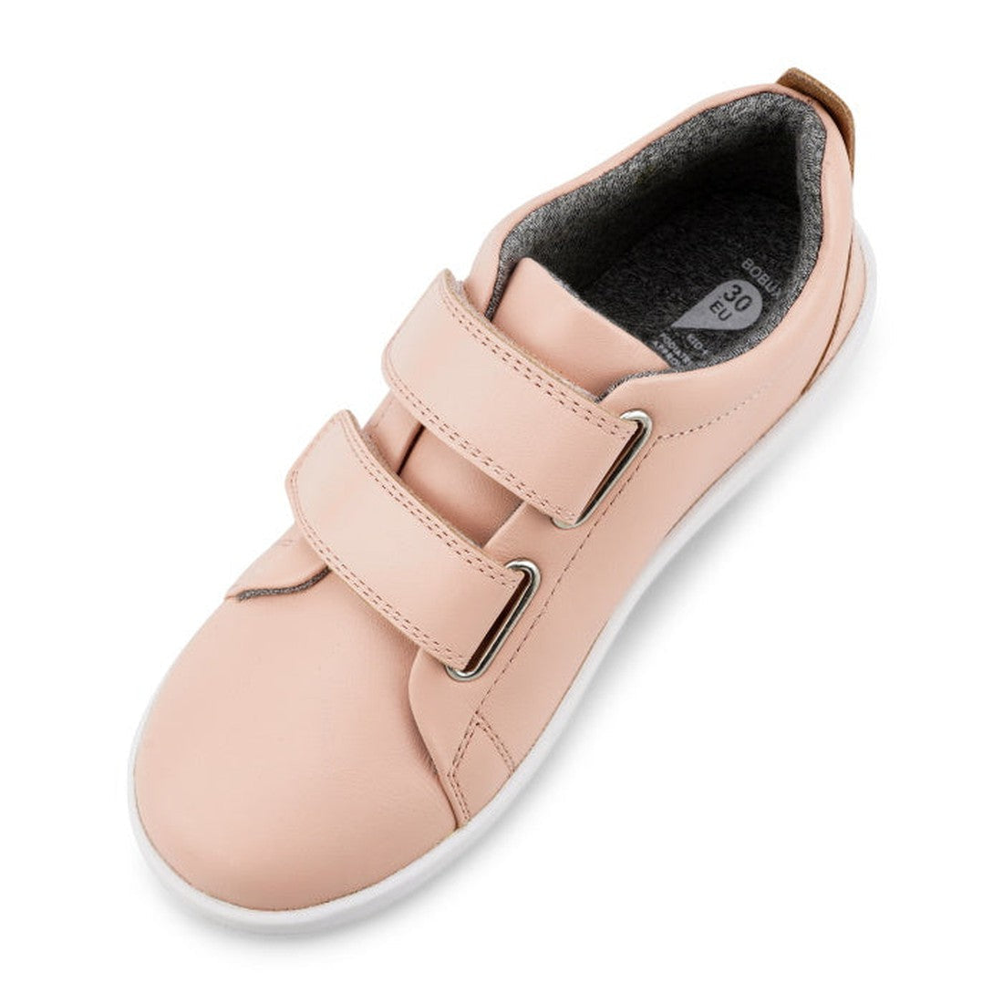 The Bobux KP Kid Plus Grass Court Seashell Pink 832448 is a light pink kids’ trainer with a leather upper, double velcro straps, white sole, and grey inner lining, shown from a top-down view., 9420075792579, 9420075793040, 9420075793125, 9420075794306, 94