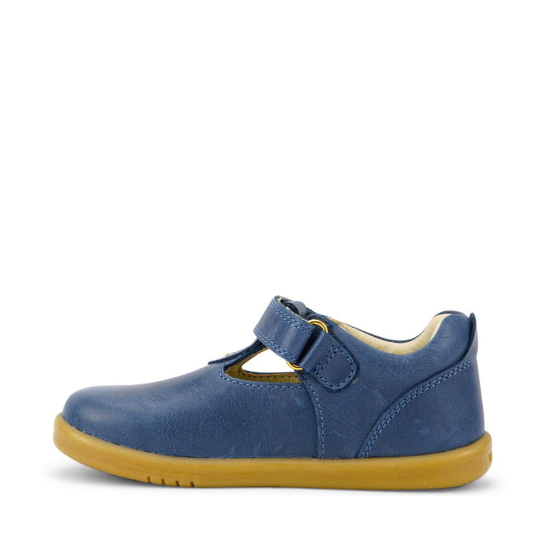The Bobux IW Iwalk Louise Midnight Blue 633030 is a children's T Bar shoe with a blue leather upper, yellow rubber sole, and velcro strap, shown in profile on a white background., 9420068521841, 9420068521858, 9420068521865, 9420068521872, 9420068521889